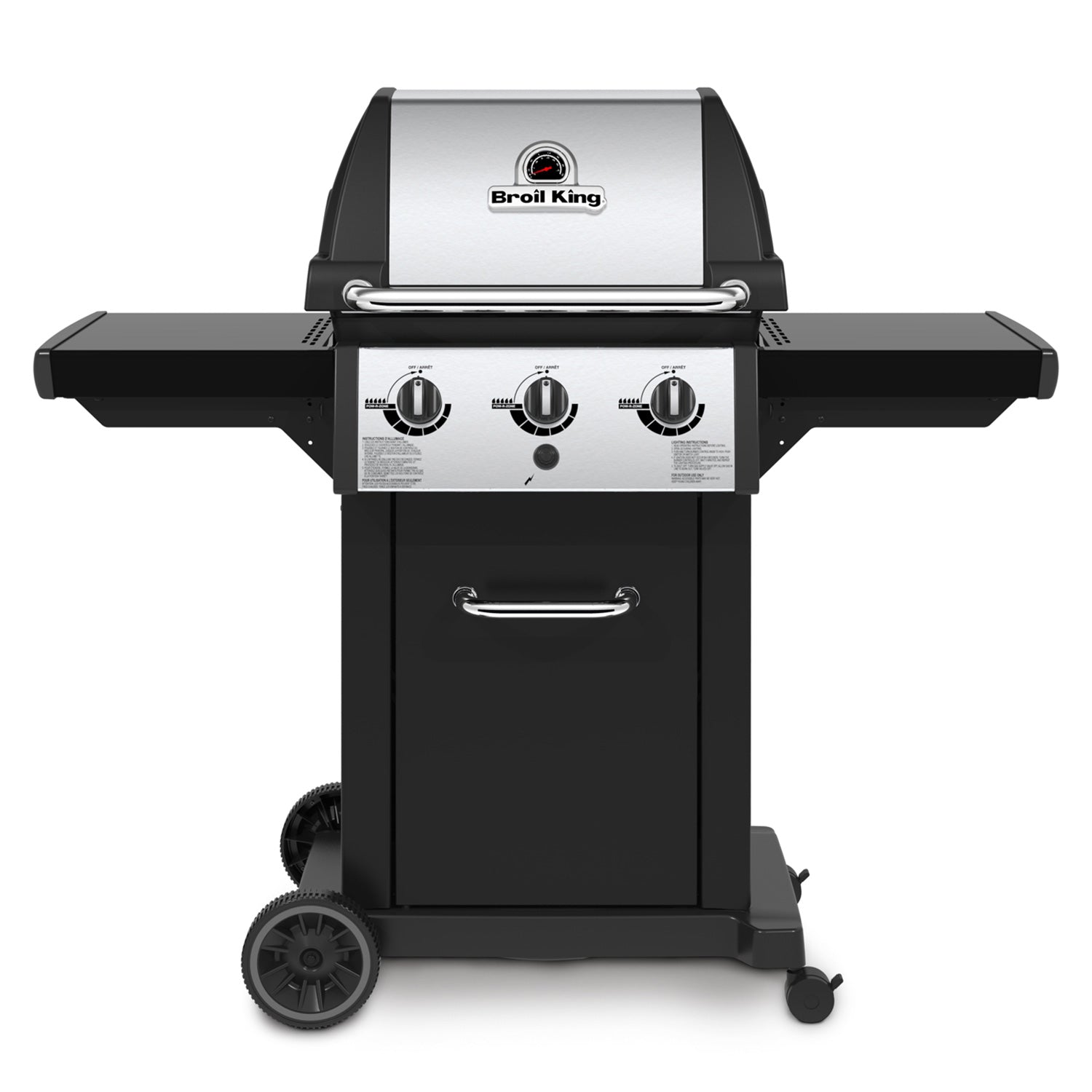 3-burner gas grill on 2-wheel cart, black body, side shelves, Broil King control knobs