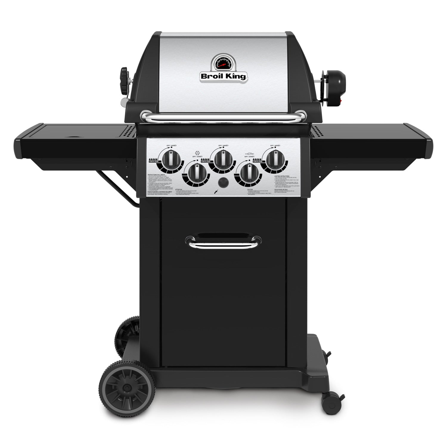 3-burner gas grill on 2-wheel cart with side shelves and control knobs, black and silver