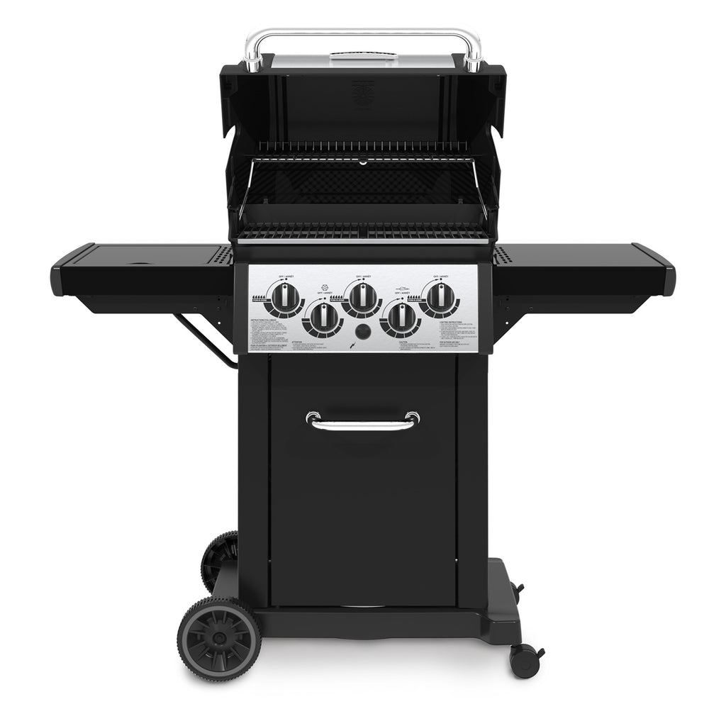 3-burner gas grill with lid open, stainless cooking grates, control panel and side shelves