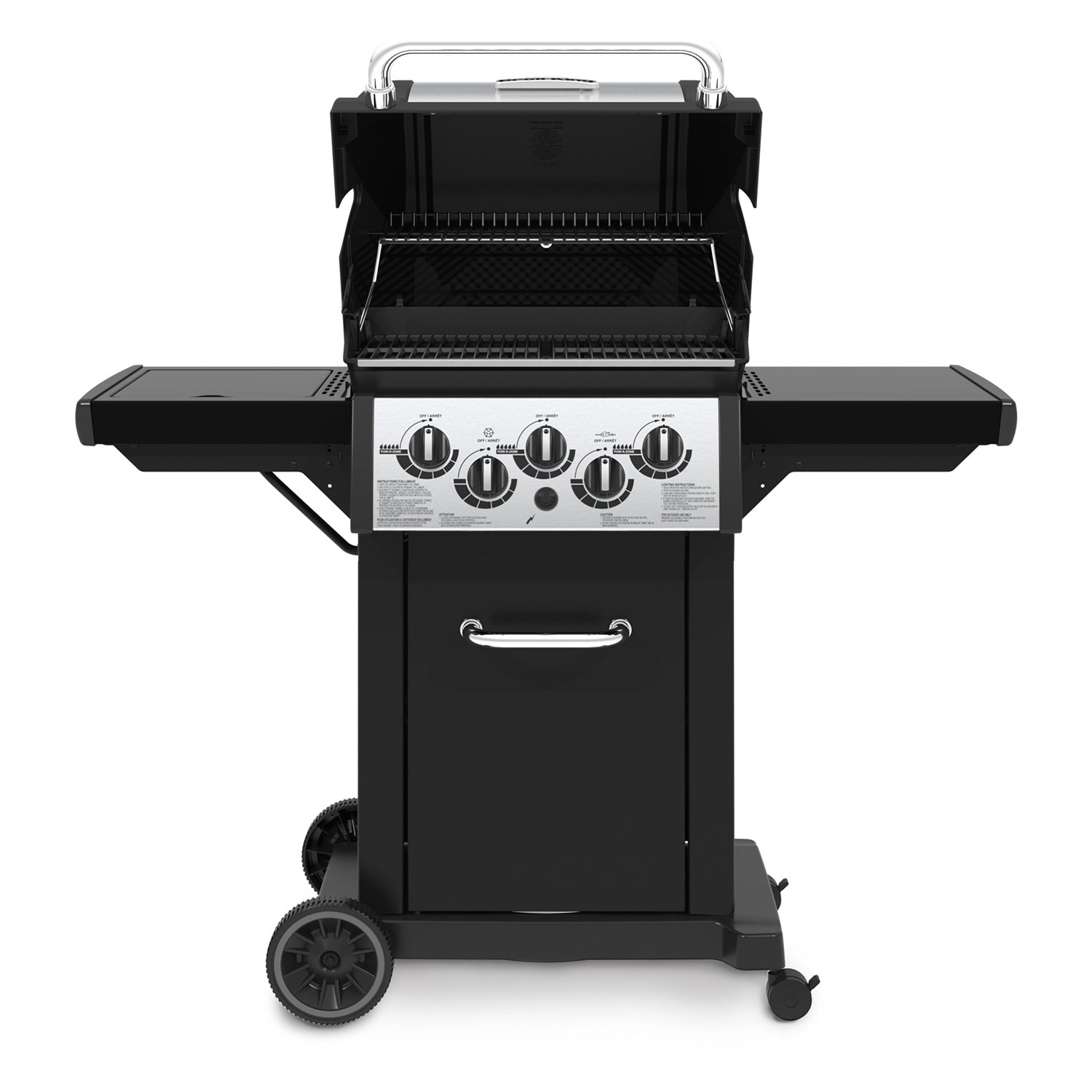 3-burner gas grill with lid open, stainless cooking grates, control panel and side shelves