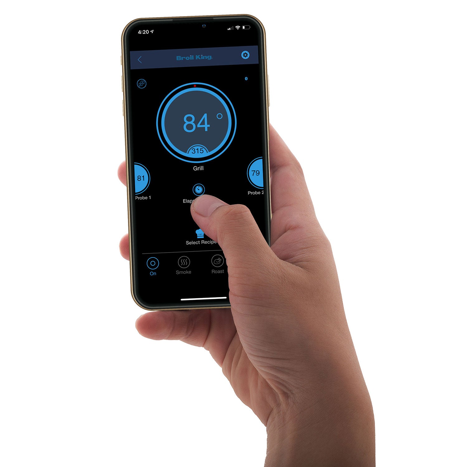Smartphone controlling a pellet grill with temperature dial and menu screen
