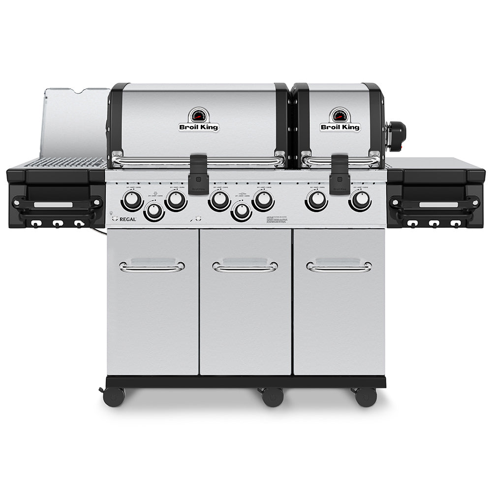 Stainless steel 6-burner gas grill with front control knobs and side shelves