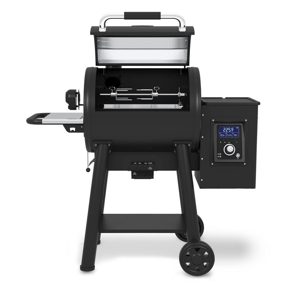 Black pellet smoker and grill with open lid and control panel temperature screen