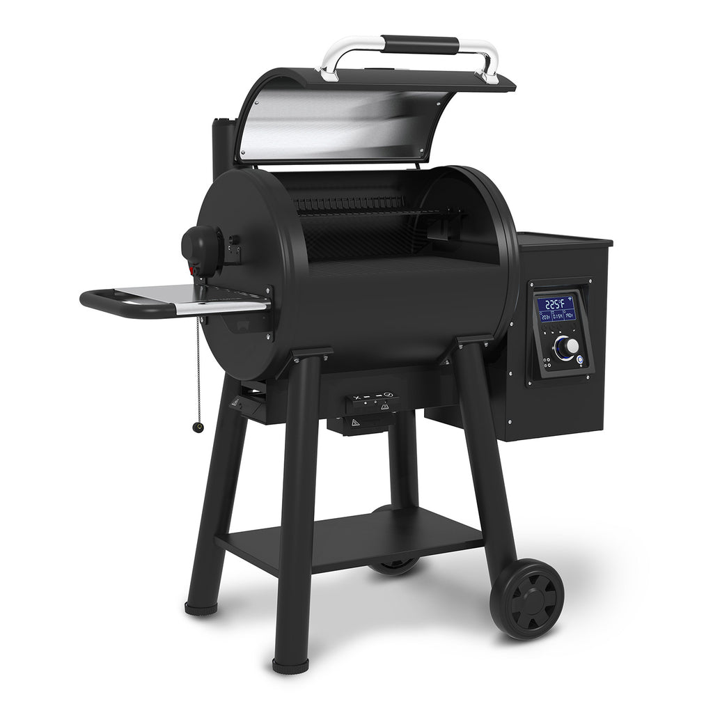 Black pellet smoker and grill with closed lid and side control panel