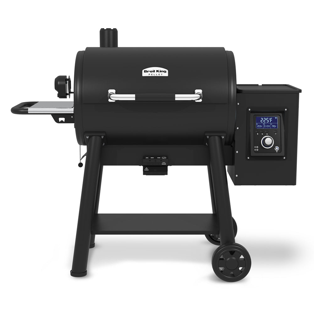 Pellet smoker and grill in black with control panel and side shelf