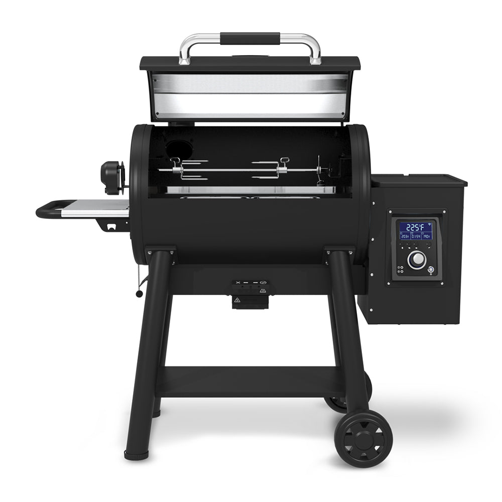 Pellet smoker and grill in black with open cooking chamber and digital controller