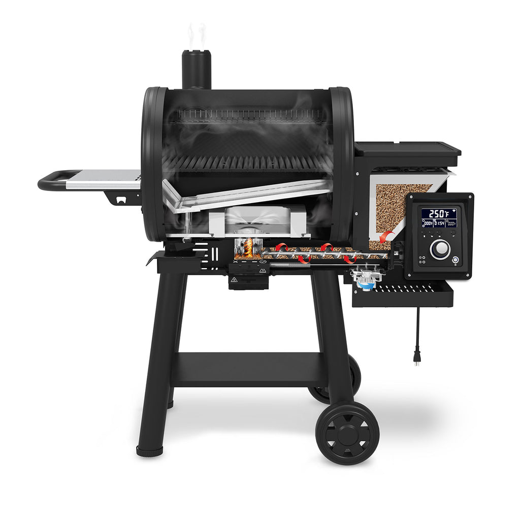 Black pellet smoker and grill with open chamber showing cooking grates and drip tray