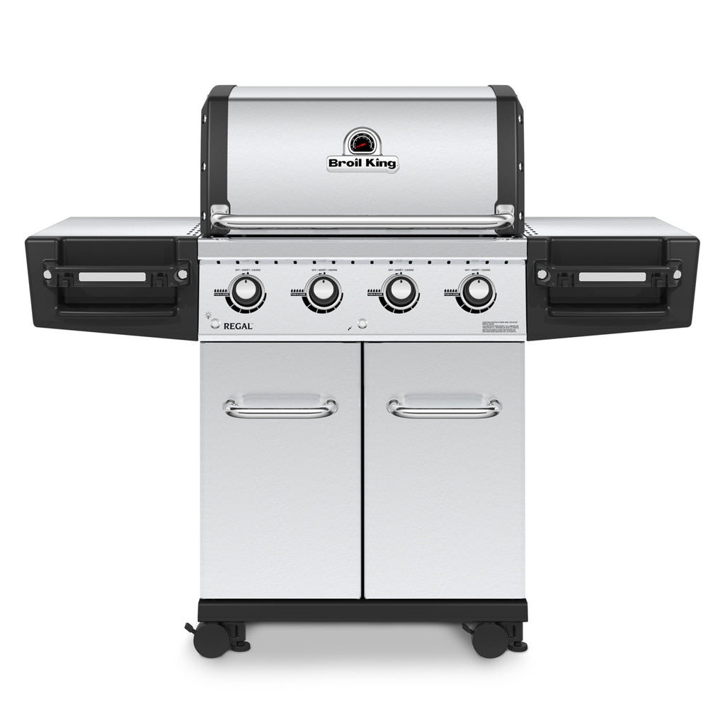 Freestanding 4-burner gas grill with two cabinet doors and four control knobs, stainless steel.