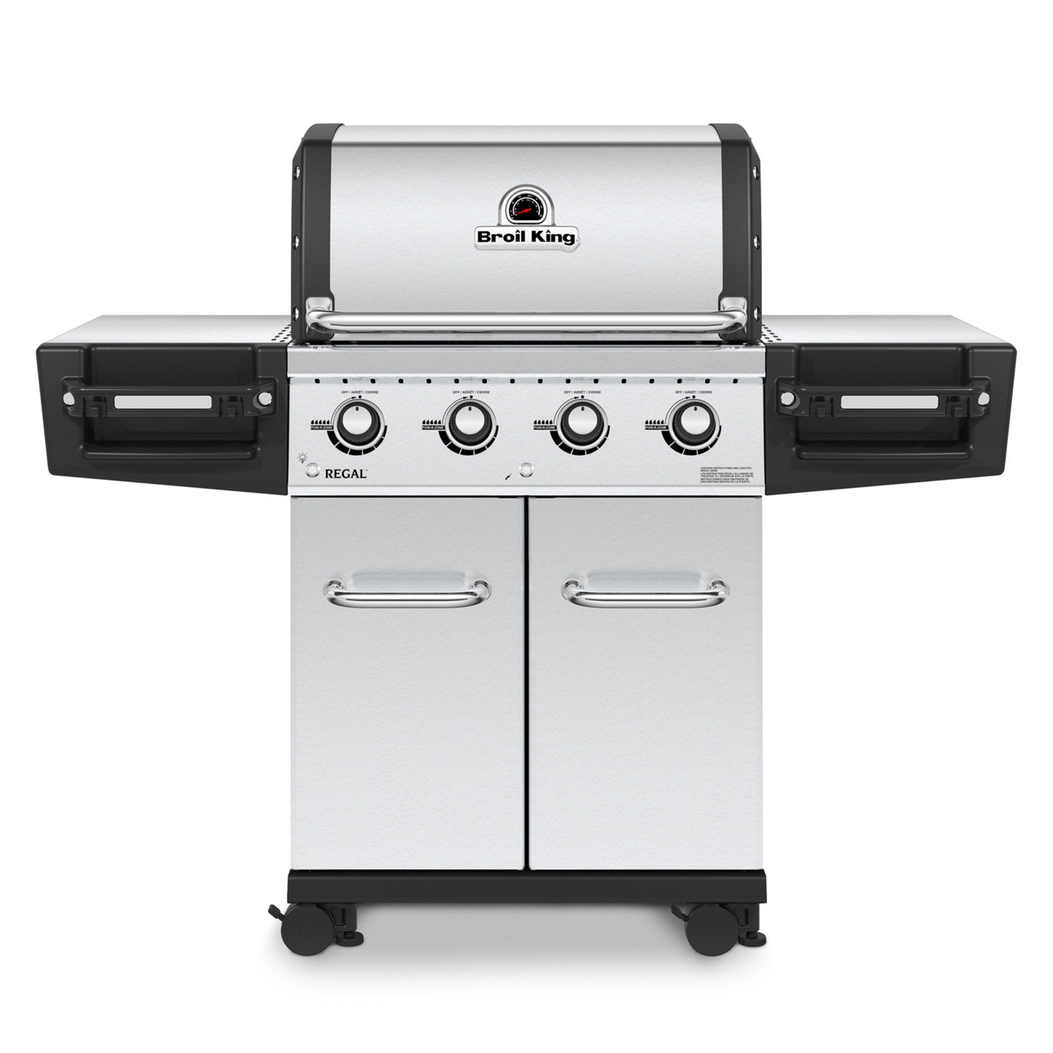 Freestanding 4-burner gas grill with two cabinet doors and four control knobs, stainless steel.