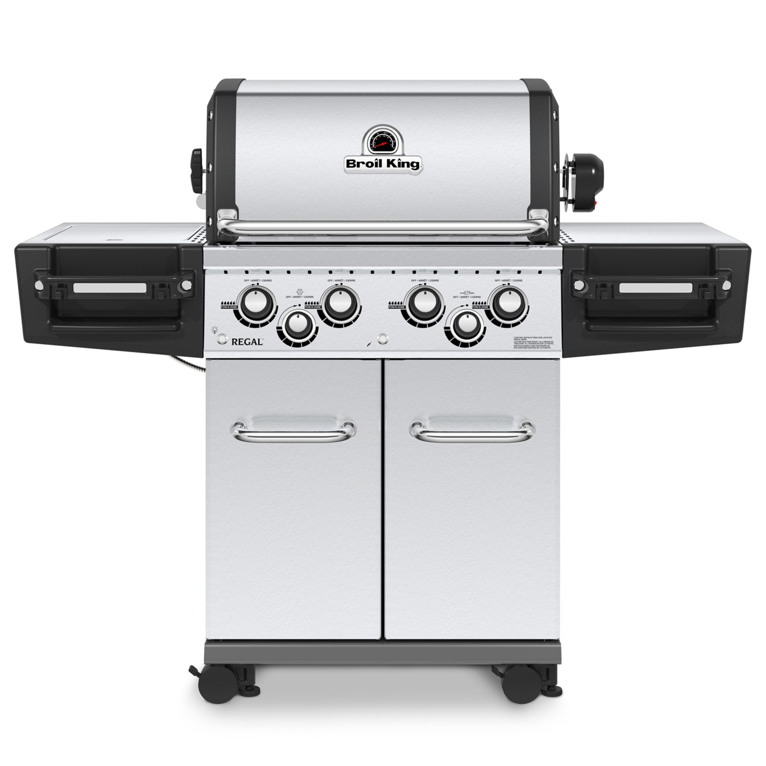 Freestanding stainless steel gas grill with four burners and side shelves
