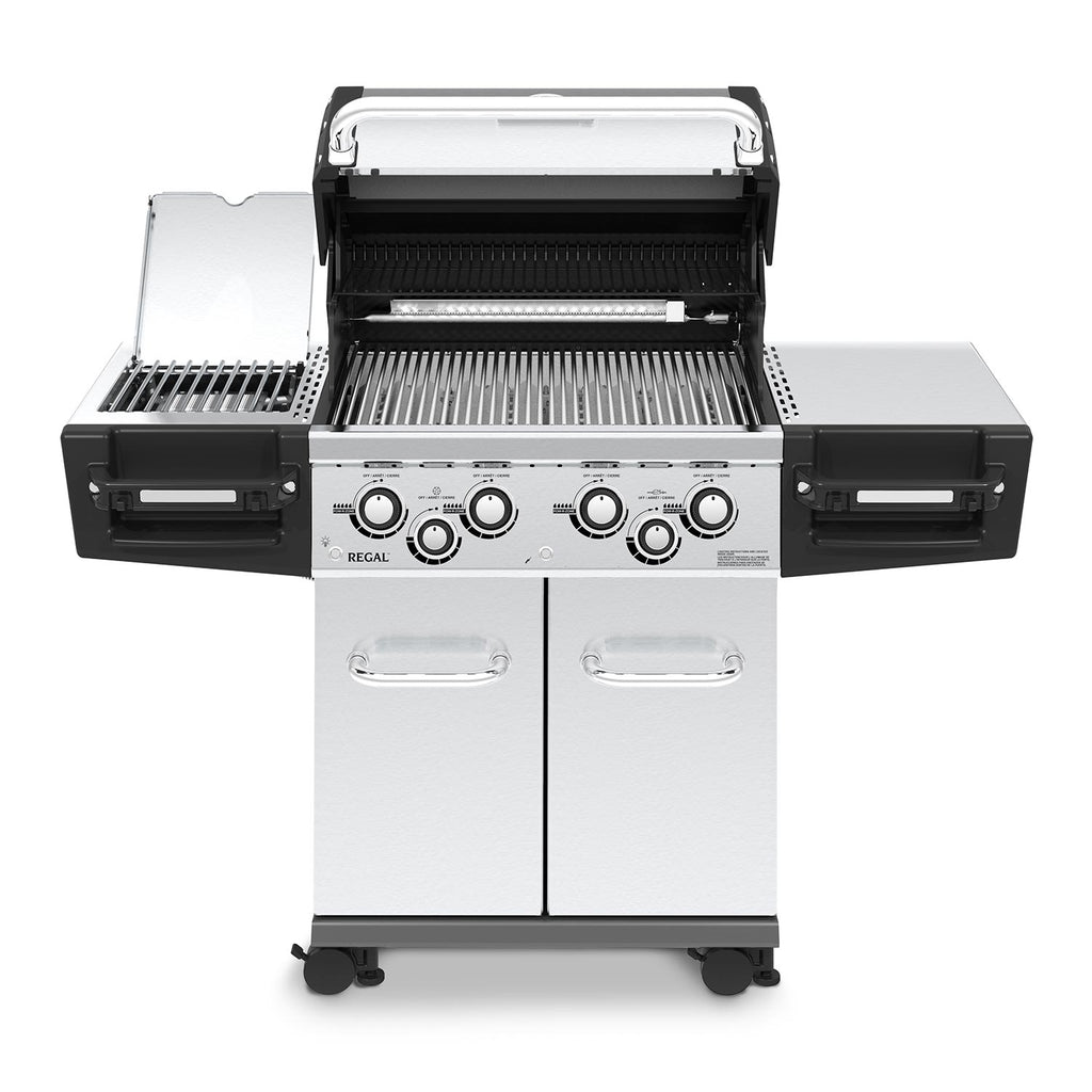 Open-lid freestanding gas grill with control knobs and two cabinet doors