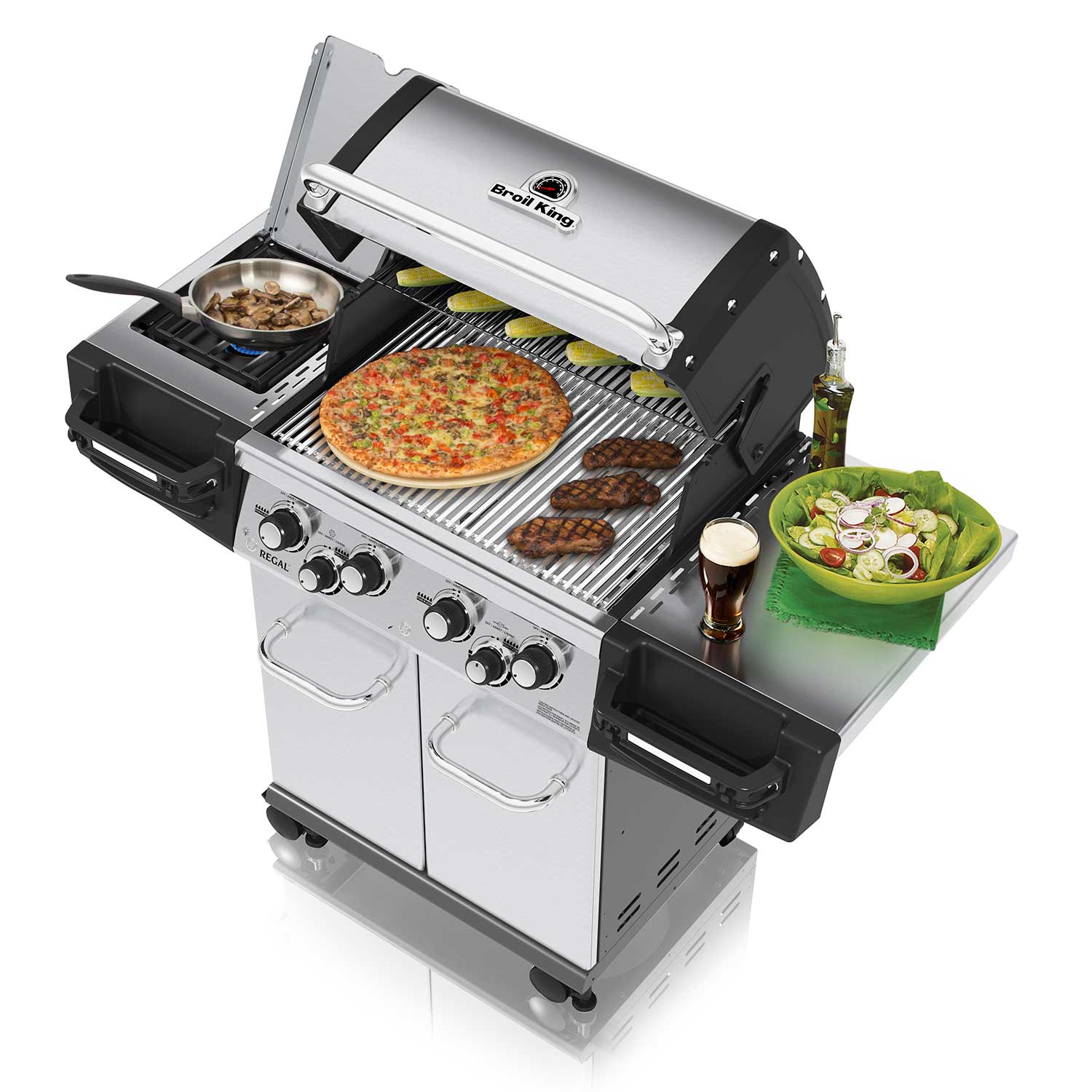 Open infrared grill with cooking grates, burners, and side storage compartments