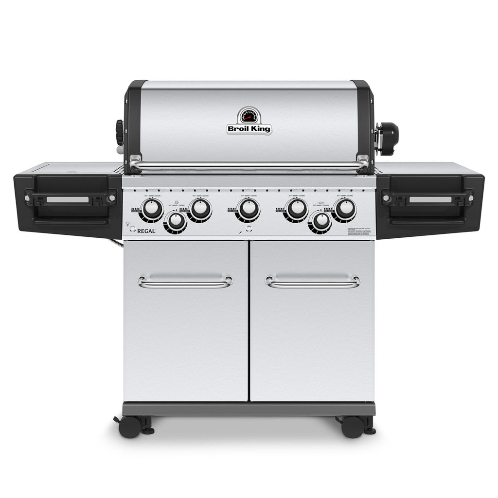 Freestanding stainless steel 5-burner gas grill with side panels and control knobs