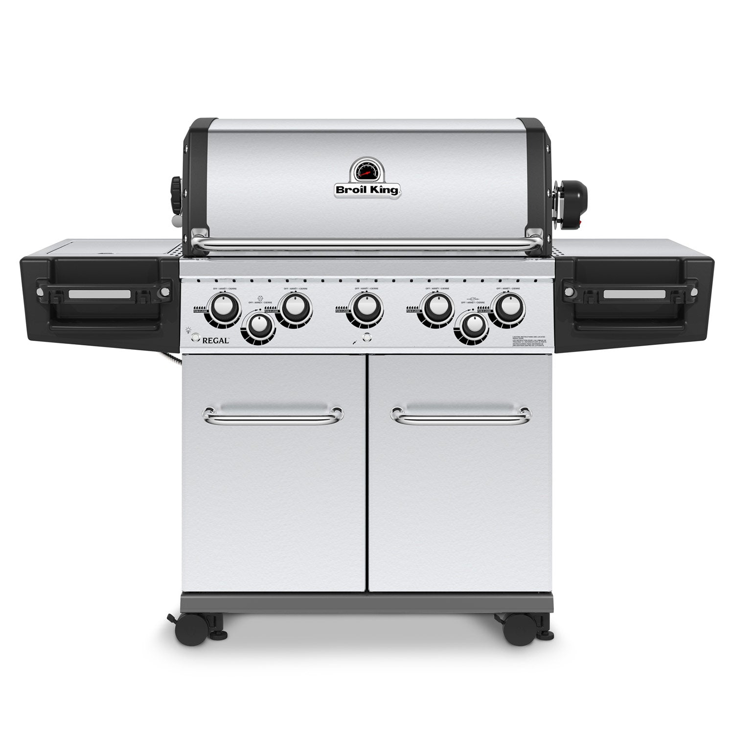 Freestanding stainless steel 5-burner gas grill with side panels and control knobs