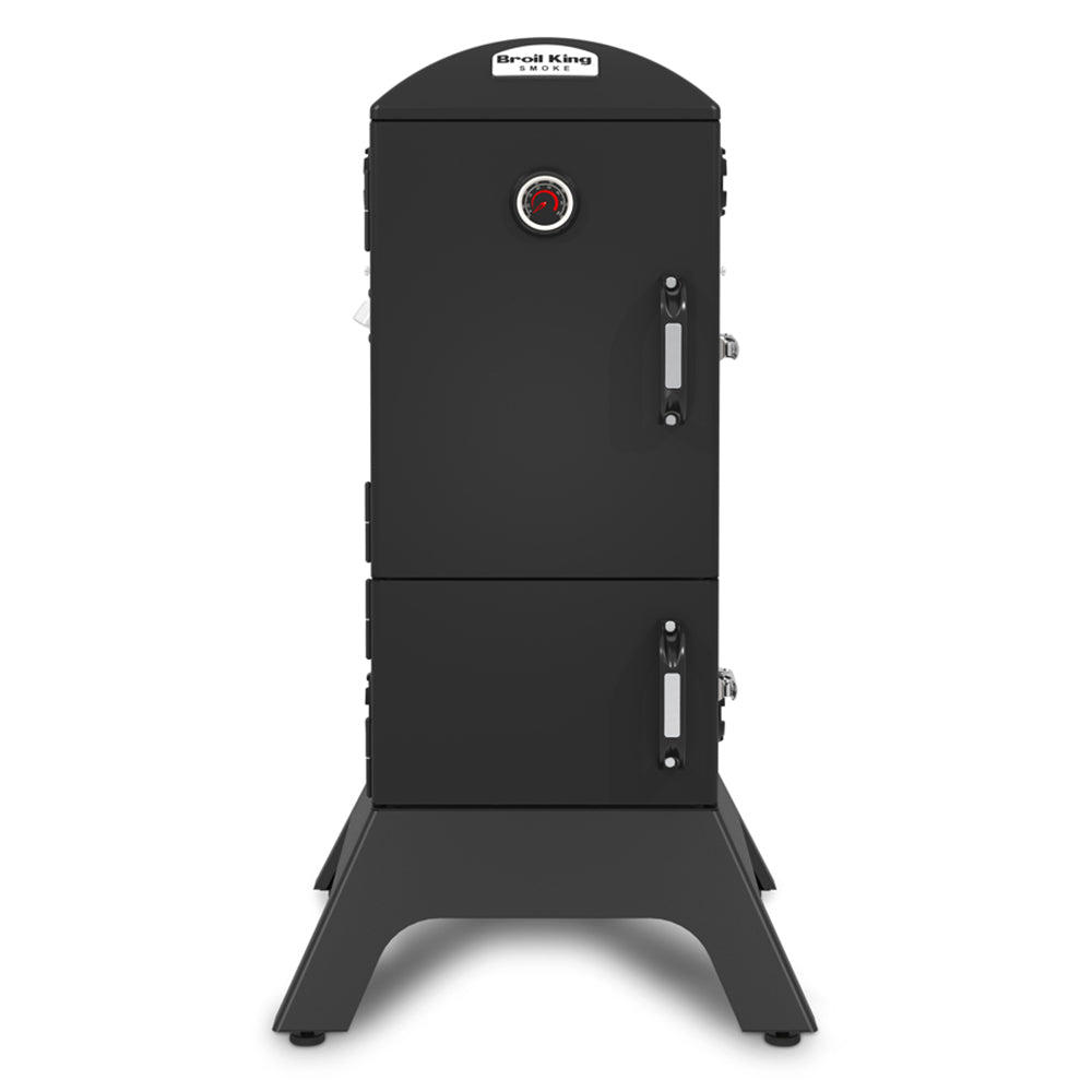 Vertical charcoal smoker with dark body, thermometer dial, and front control handles