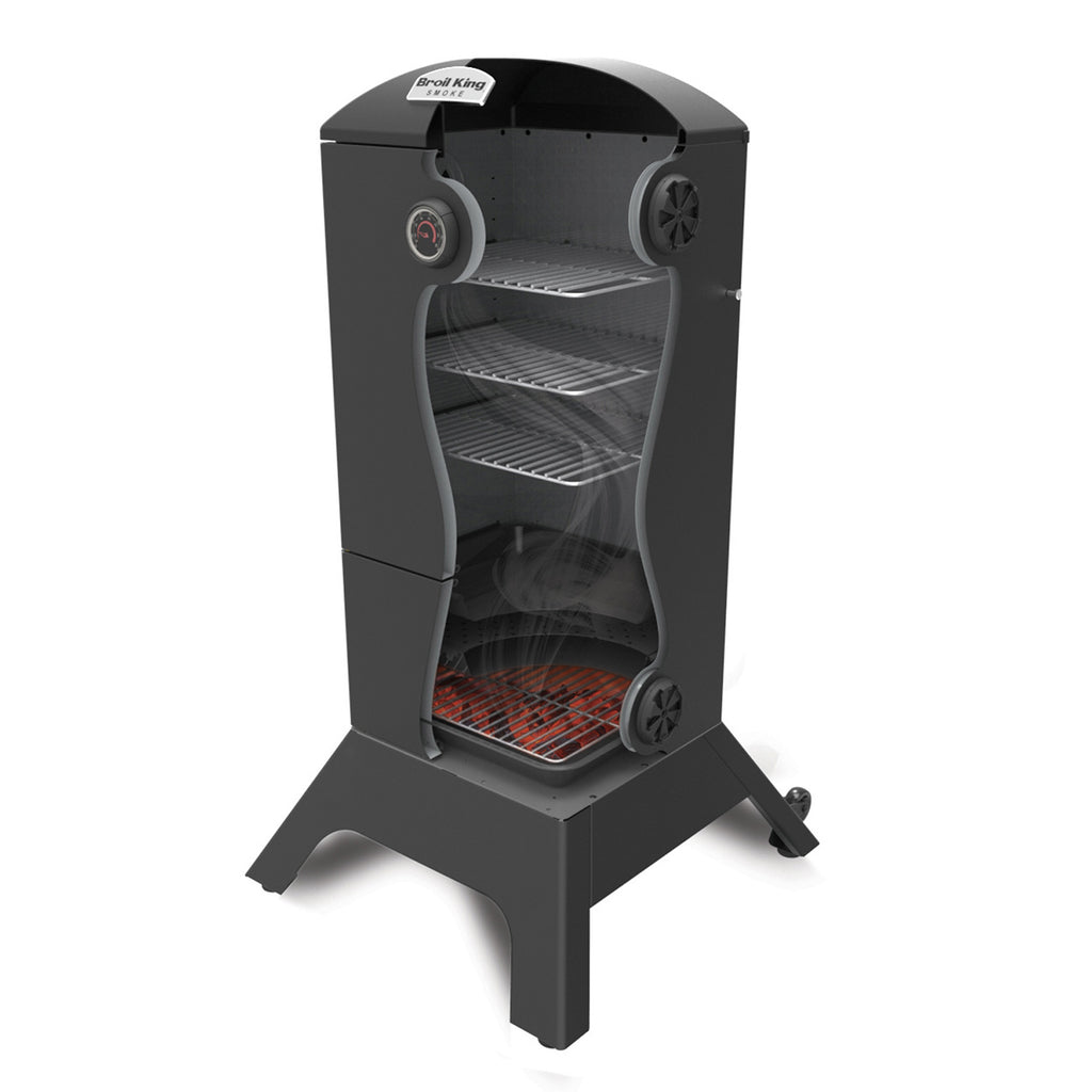 Vertical charcoal smoker with front door open, showing cooking racks and smoke chamber