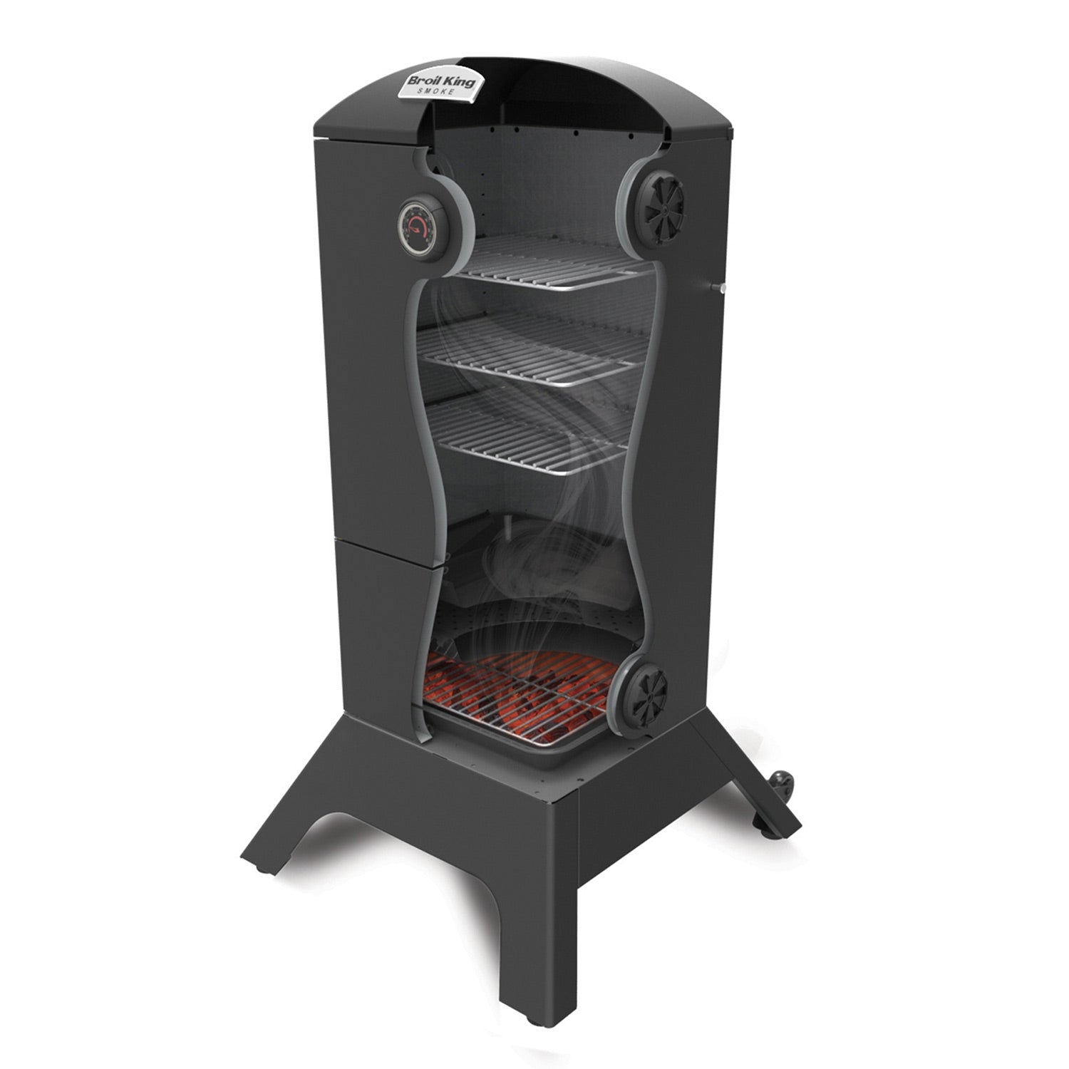 Vertical charcoal smoker with front door open, showing cooking racks and smoke chamber