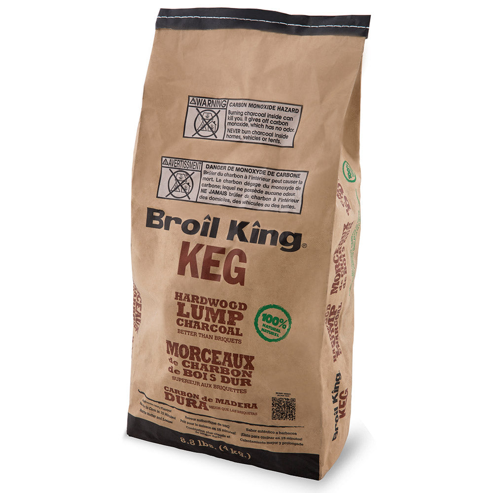 Broil King Keg hardwood lump charcoal bag, brown paper with black top seal