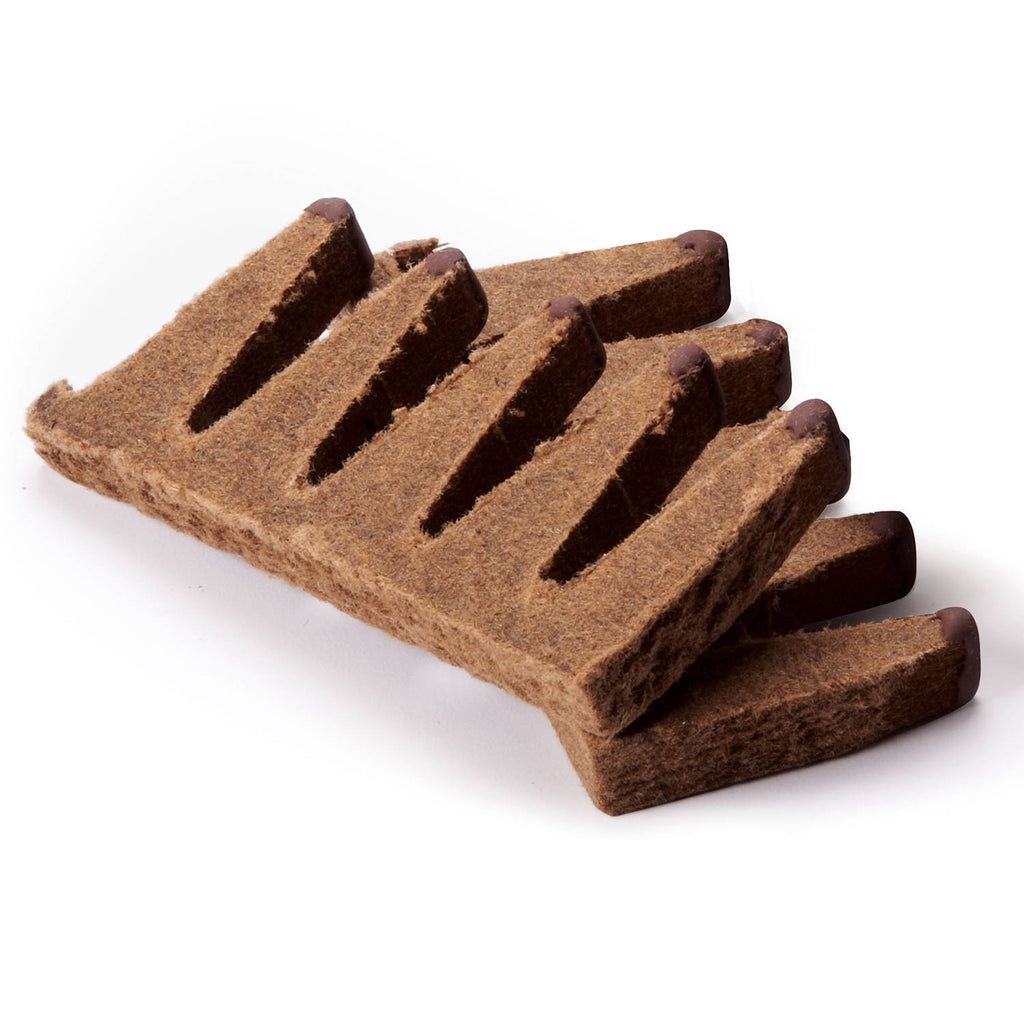Brown fire starter blocks with ridged cutouts, stacked together