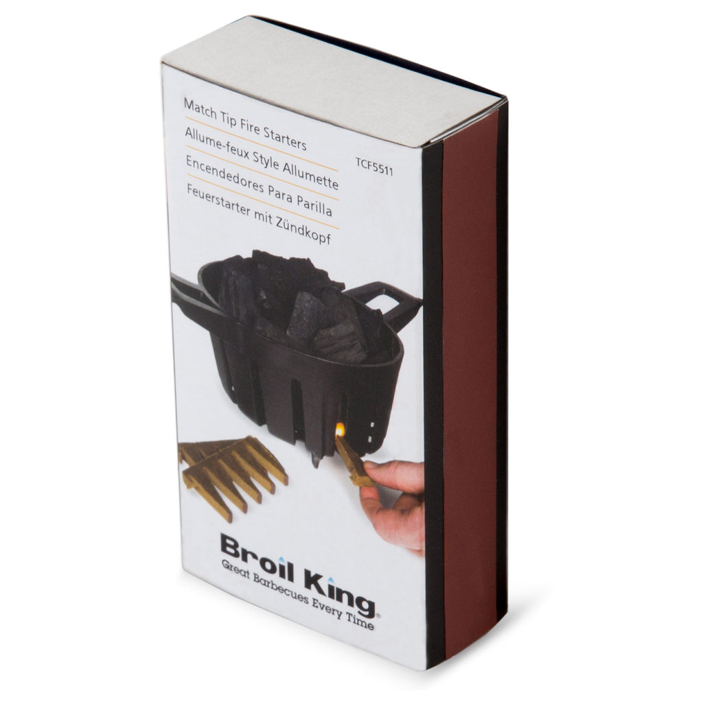 Retail box for match-style fire starters, showing black starter holder and flame