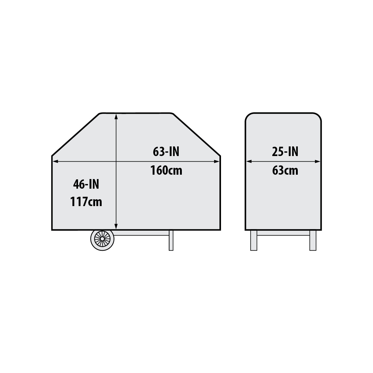 Line diagram of grill cover sizes: 63-in length and 46-in width with 25-in side view.