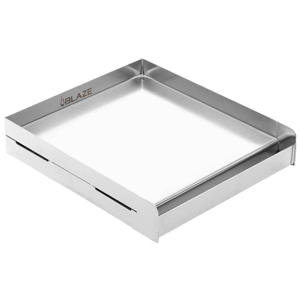 14-inch stainless steel griddle plate with raised edges, brushed metal finish.
