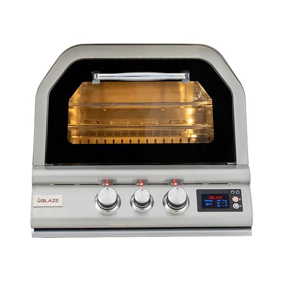 Stainless steel gas pizza oven with open chamber, three control knobs and digital panel