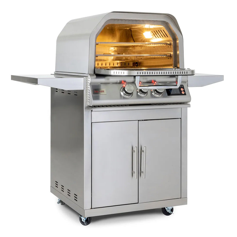 Stainless steel outdoor gas pizza oven on wheeled cart, side view with open hood
