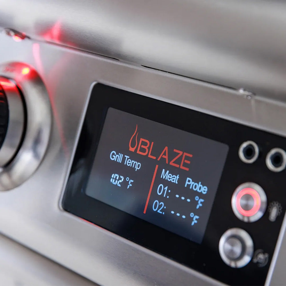 Gas pizza oven control screen showing Blaze grill temp and meat probe options
