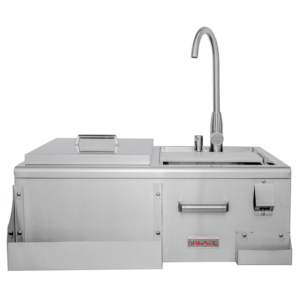 Stainless steel beverage center with pull-out drawer, sink basin, and tall faucet