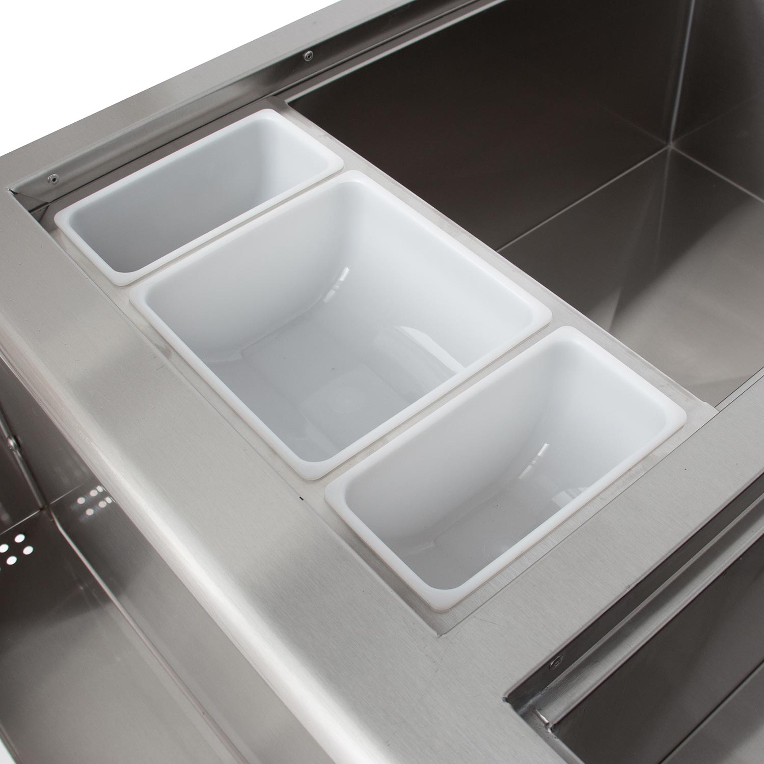 Blaze beverage center with three divided ice bins and stainless steel base