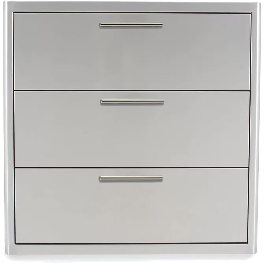 30-inch triple drawer cabinet with light gray fronts and three horizontal pull handles