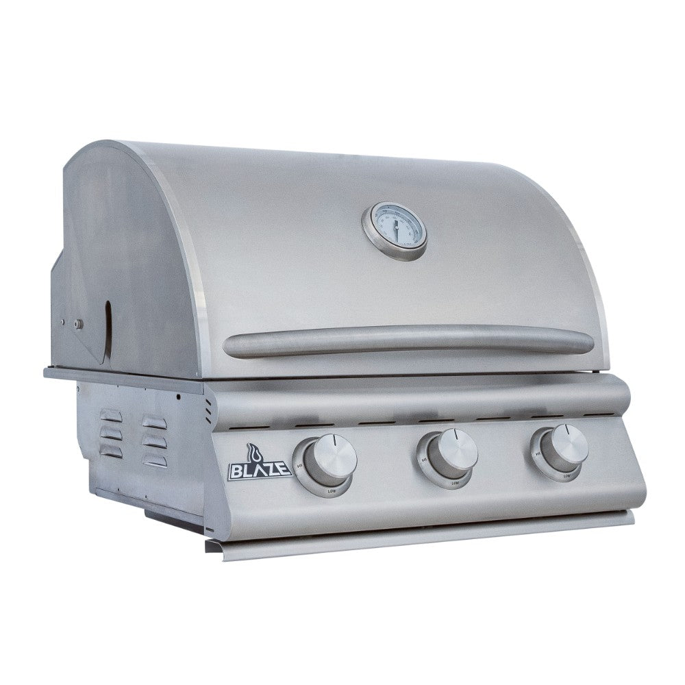 Built-in 3-burner gas grill with lid open, three burners and front control knobs