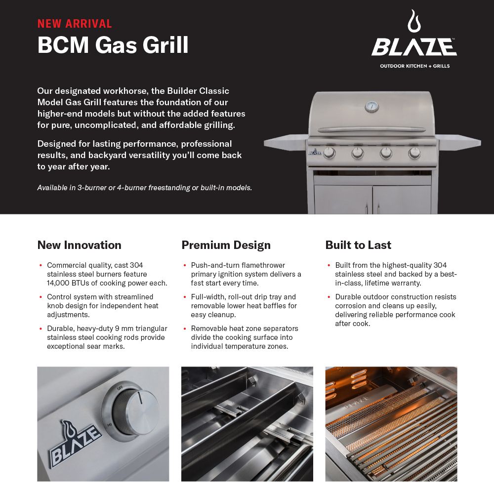 Stainless 3-burner built-in gas grill with control knobs and lid