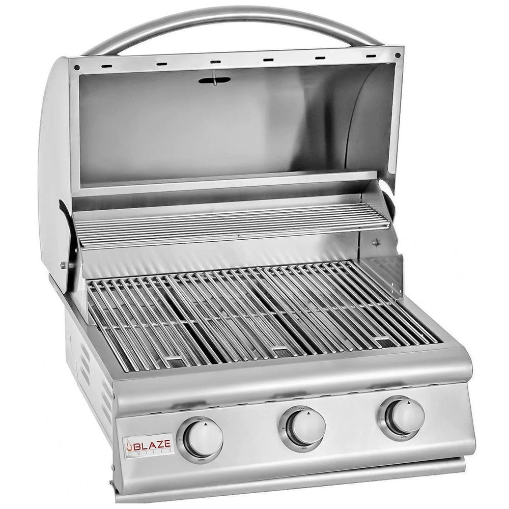 Open stainless steel built-in gas grill with cooking grates and drip area