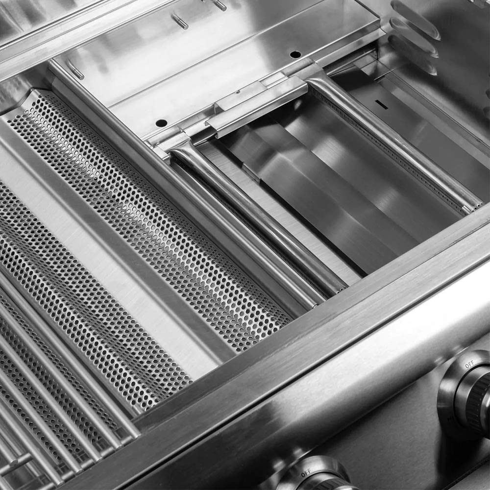Gas grill burner area with stainless heat shields and metal ignition components