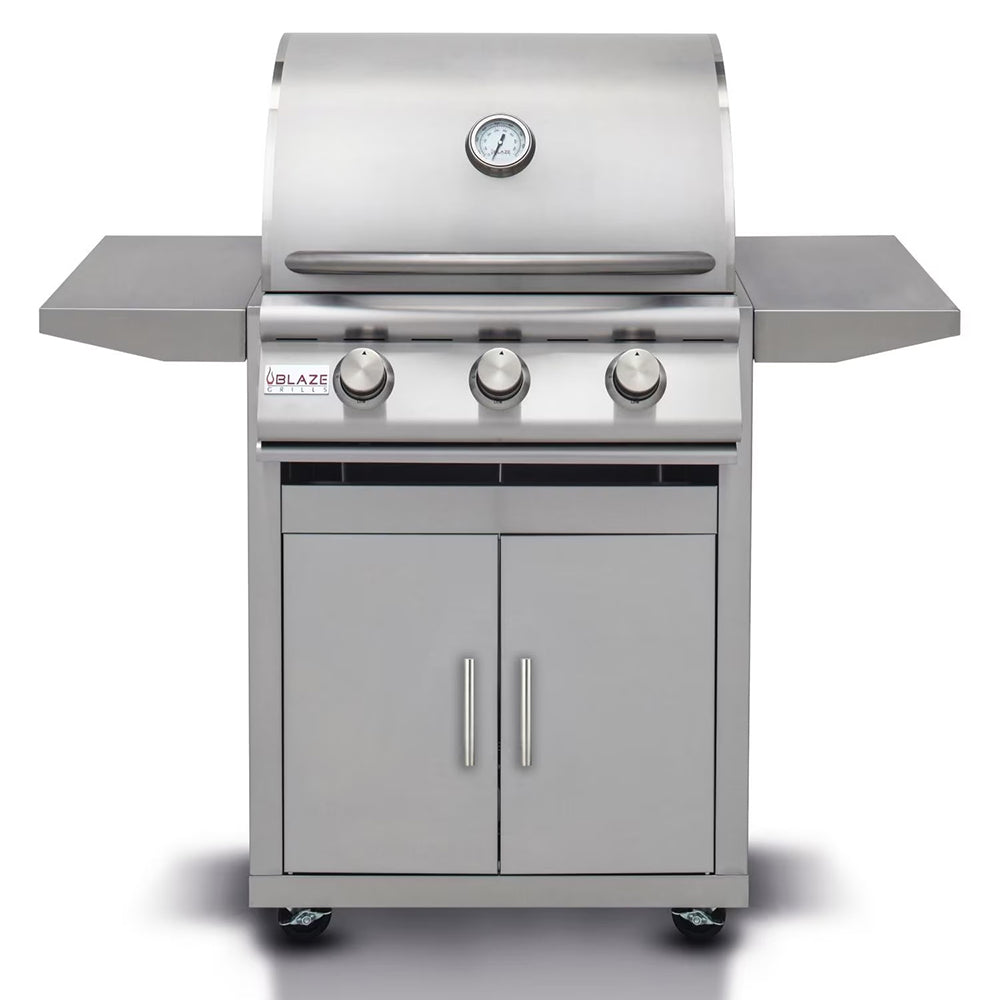 Stainless steel 3-burner gas grill with side shelves and control knobs, freestanding