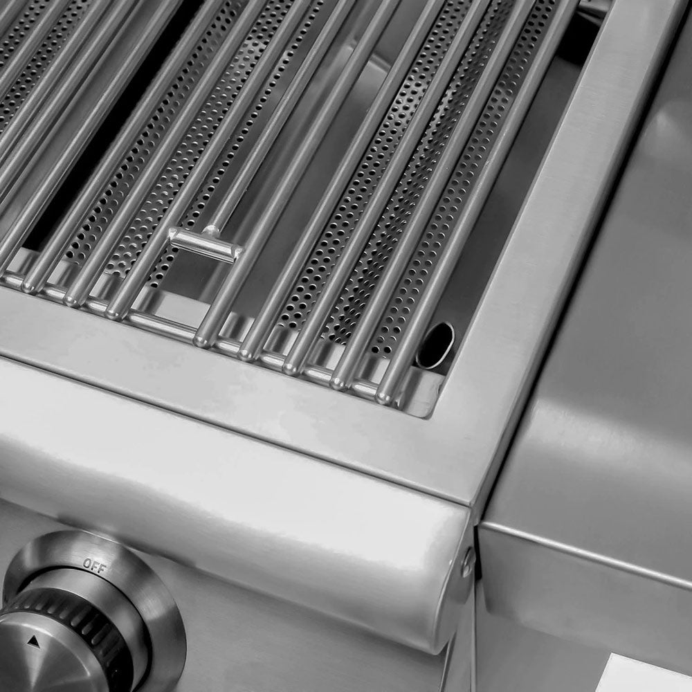 Stainless grill heat plates with perforations above the burner area