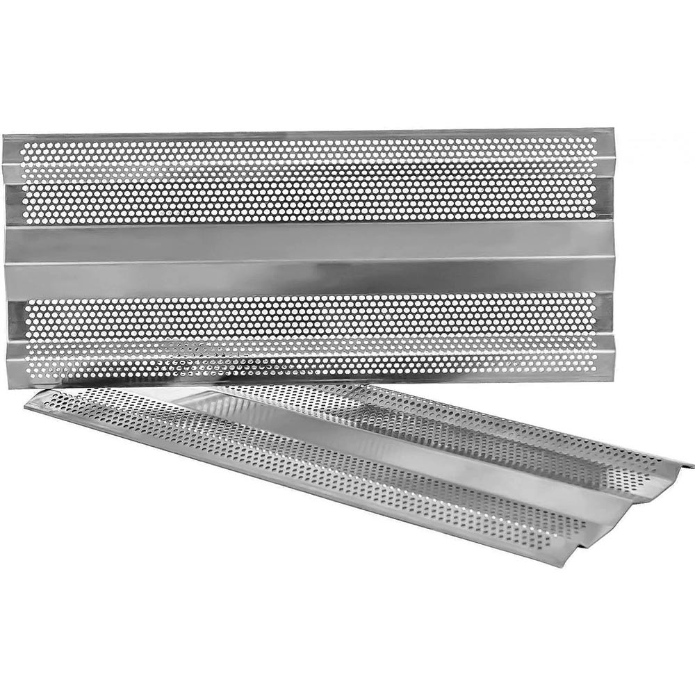 Stainless steel grill heat deflectors with perforated panel and drip openings