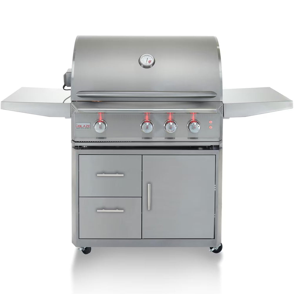 Freestanding stainless steel 3-burner gas grill with side shelves and control knobs