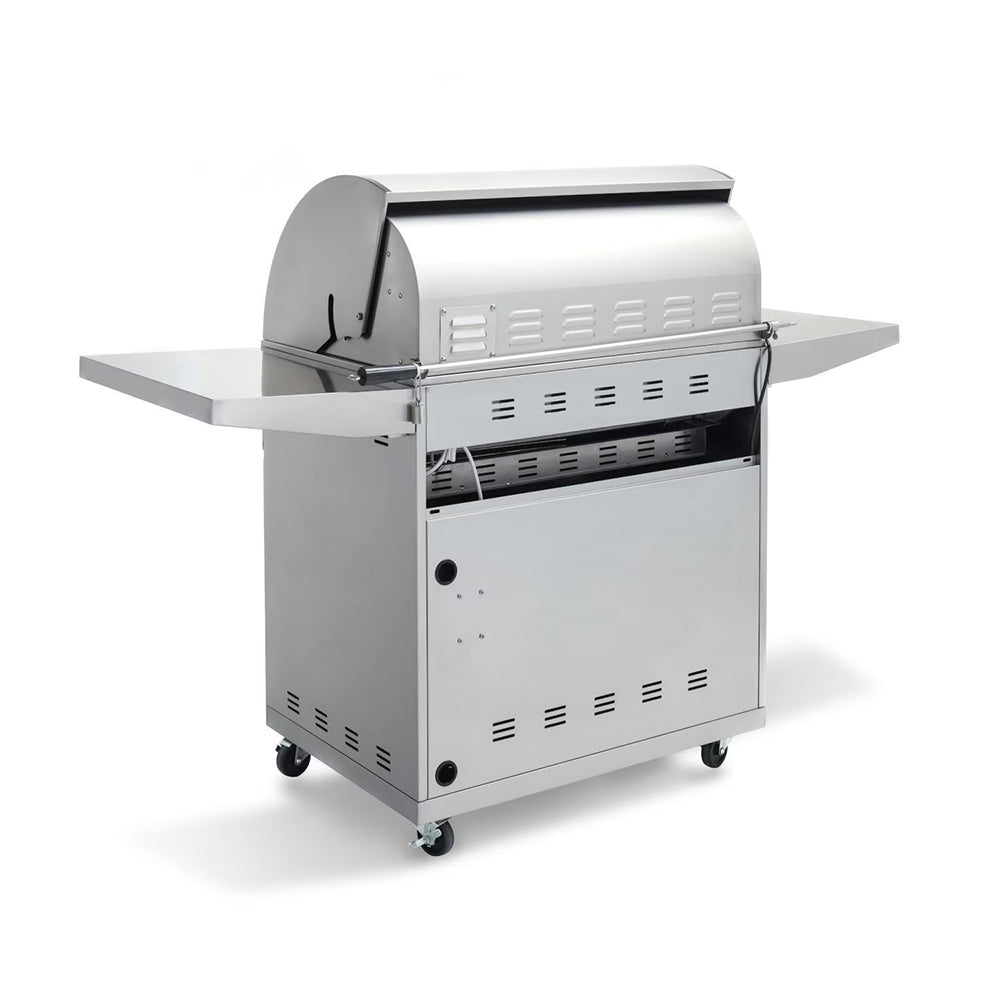 3-burner gas grill with open lid, enclosed cart panels, and stainless side shelf