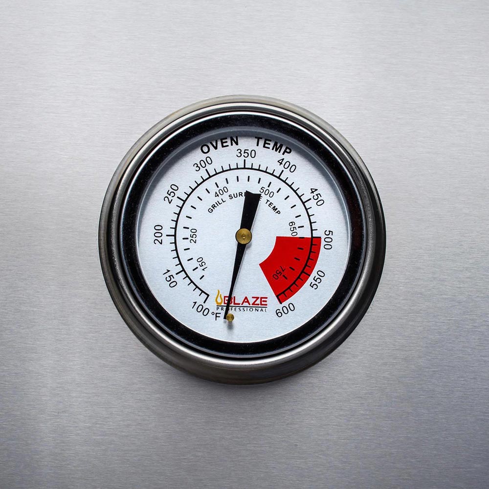 Oven temperature gauge on gas grill control panel with F and C markings