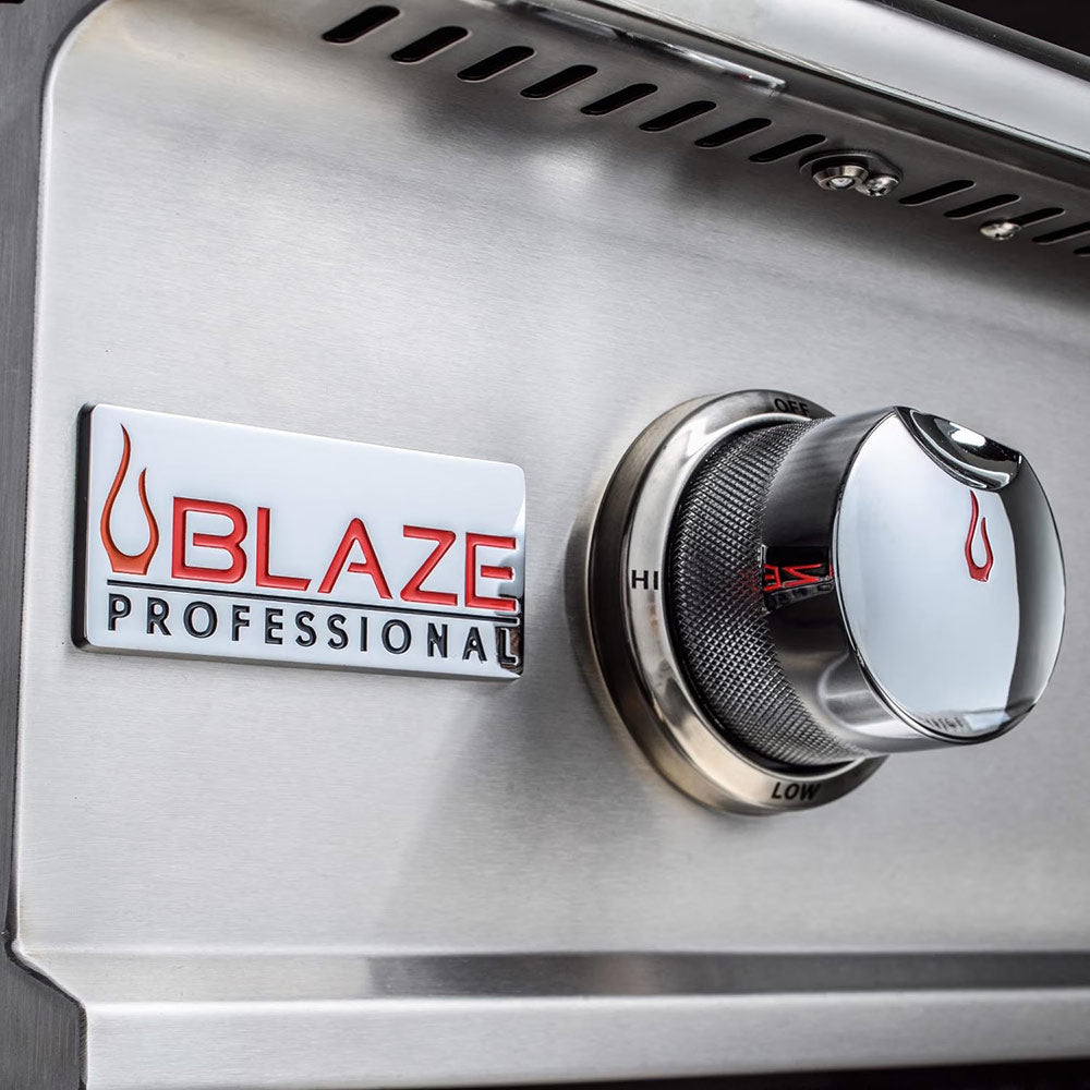 Blaze Professional gas grill control knob and ignition dial on brushed stainless panel