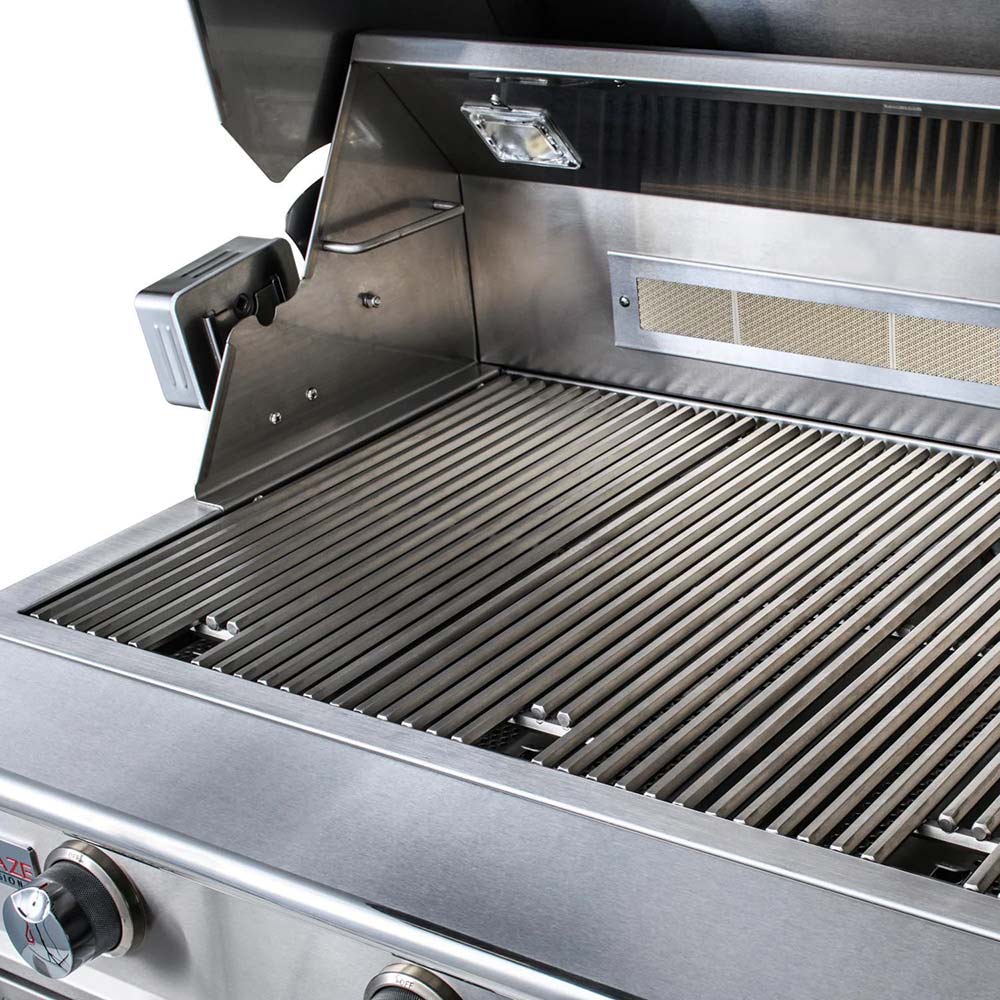 Open lid 3-burner gas grill with stainless grates and side warming area
