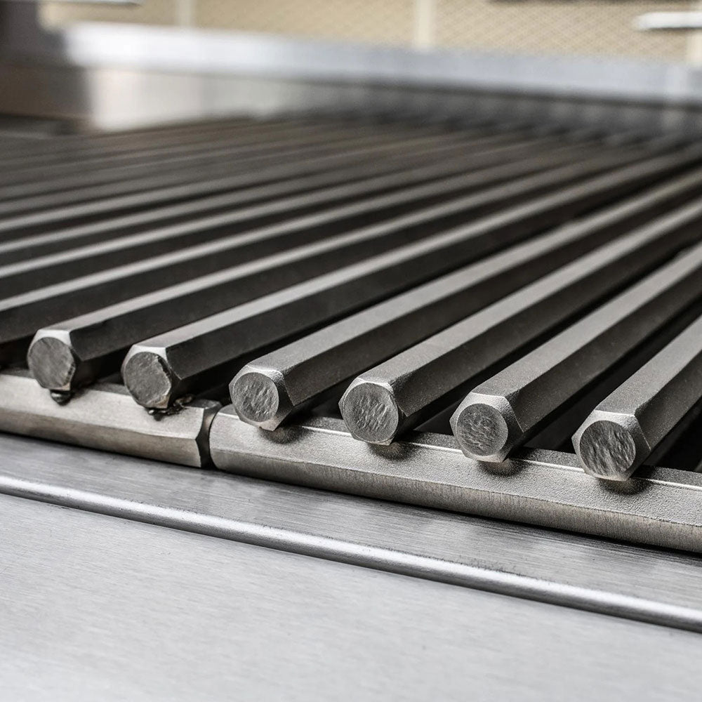 Stainless gas grill burner bars with rounded end caps on cooking grate