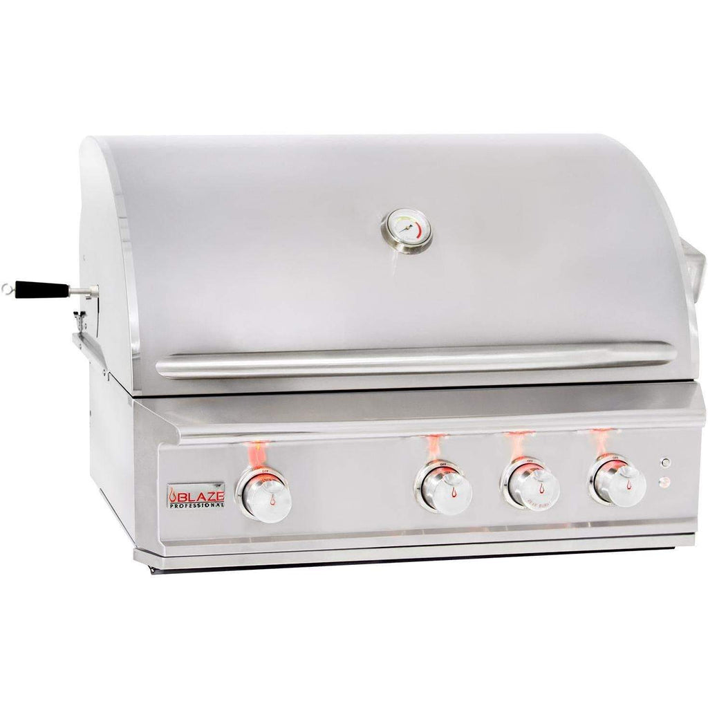 Built-in stainless steel gas grill with control knobs and closed lid