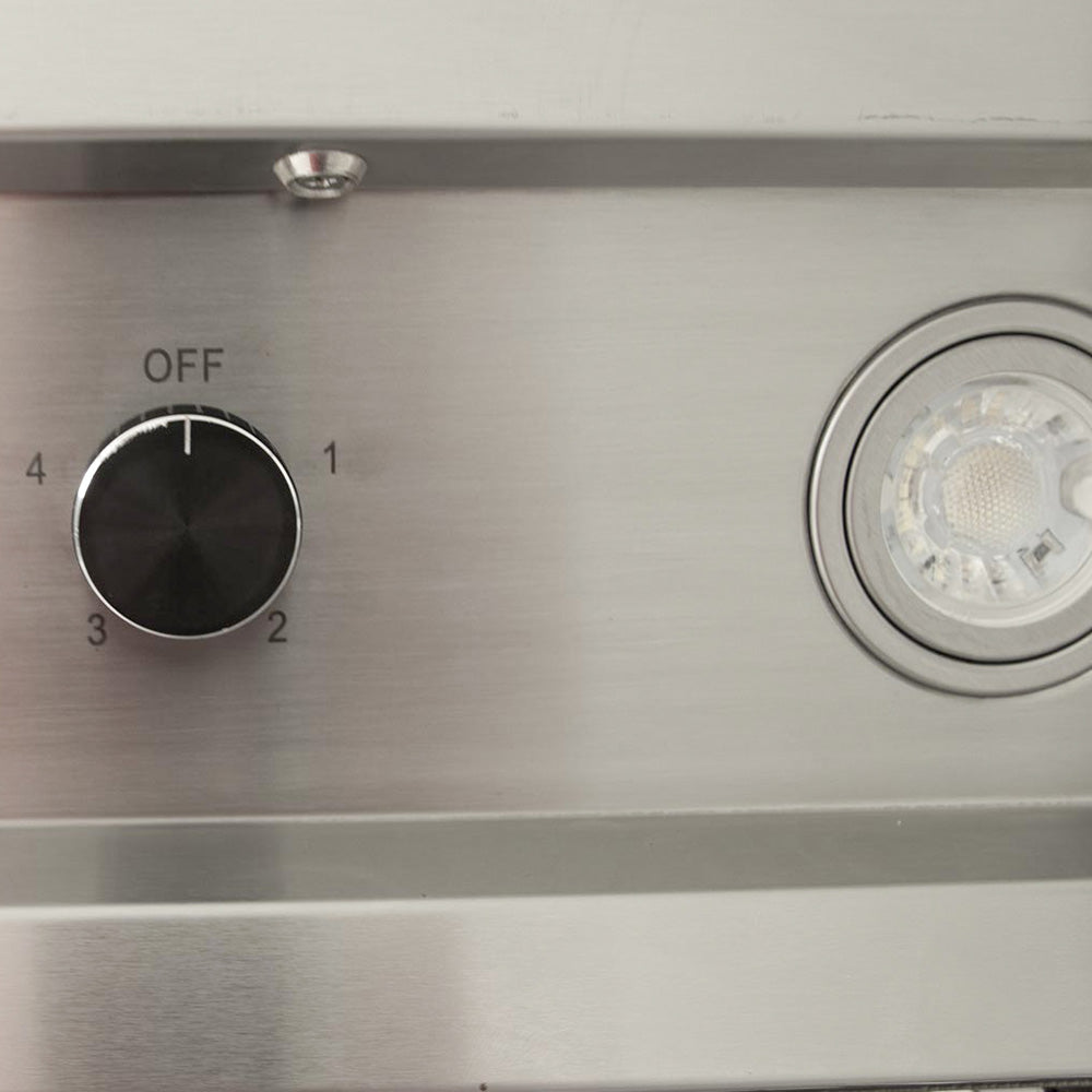 Stainless vent hood control panel with circular knob and built-in light