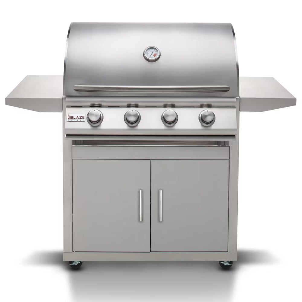 Freestanding 4-burner gas grill with stainless steel body and side shelves