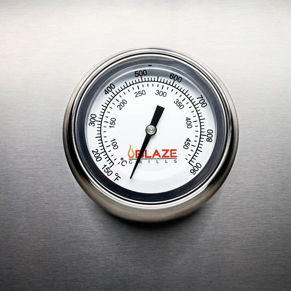 Gas grill temperature gauge with dial scale on stainless steel panel