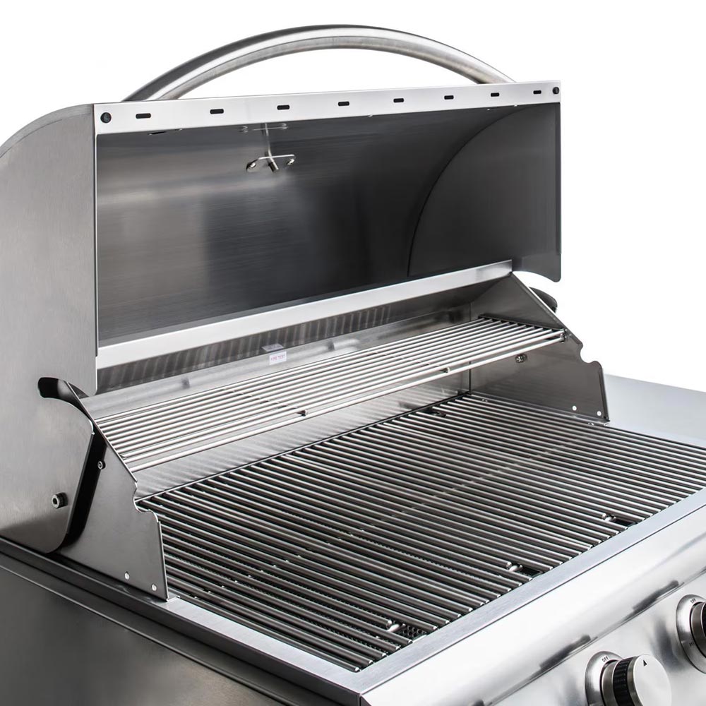 Gas grill open lid with ribbed stainless cooking grates